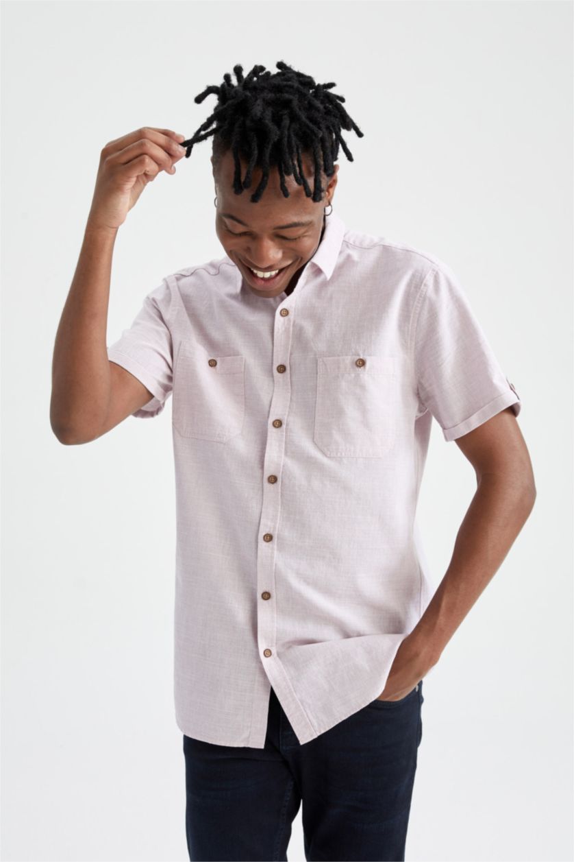 رجالي وردي قميص بوبلين كتان سليم فيت