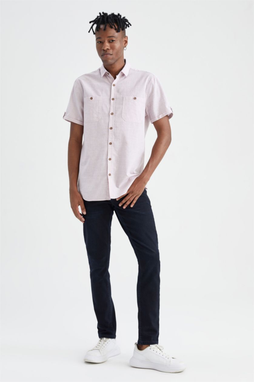 رجالي وردي قميص بوبلين كتان سليم فيت