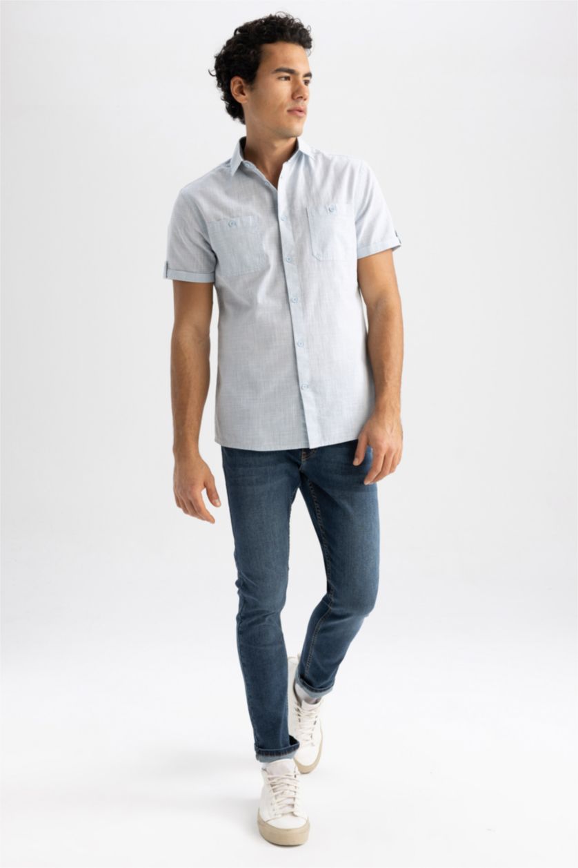 MAN Light Blue Melange Slim Fit Poplin Short Sleeve Shirt