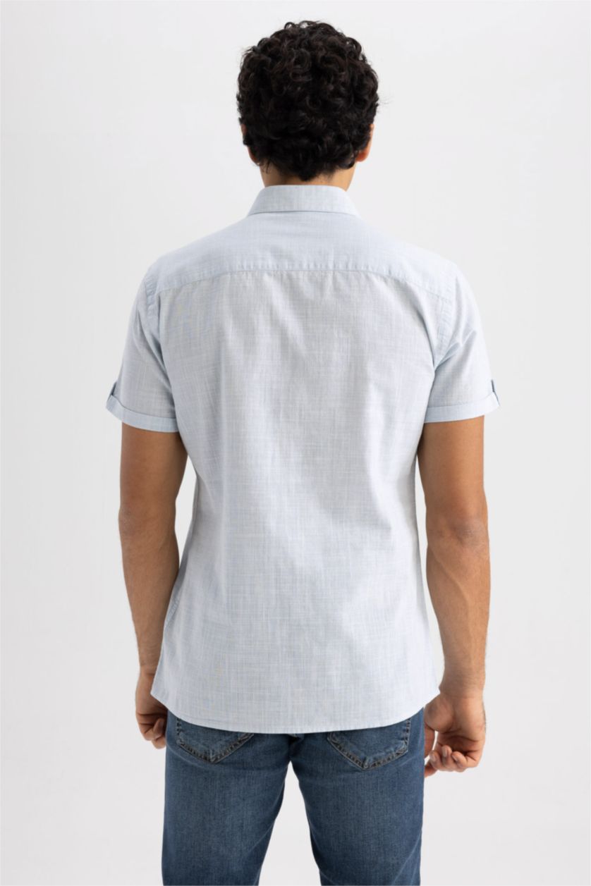 MAN Light Blue Melange Slim Fit Poplin Short Sleeve Shirt