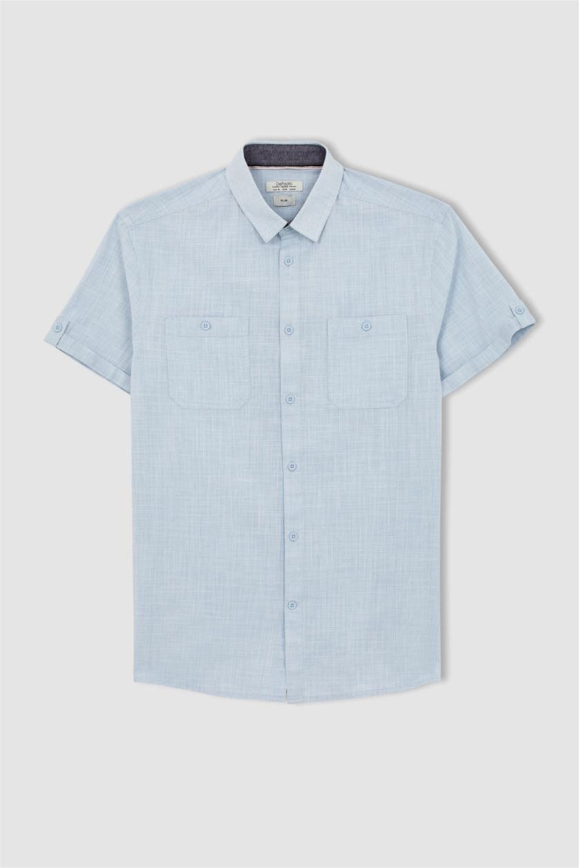 MAN Light Blue Melange Slim Fit Poplin Short Sleeve Shirt