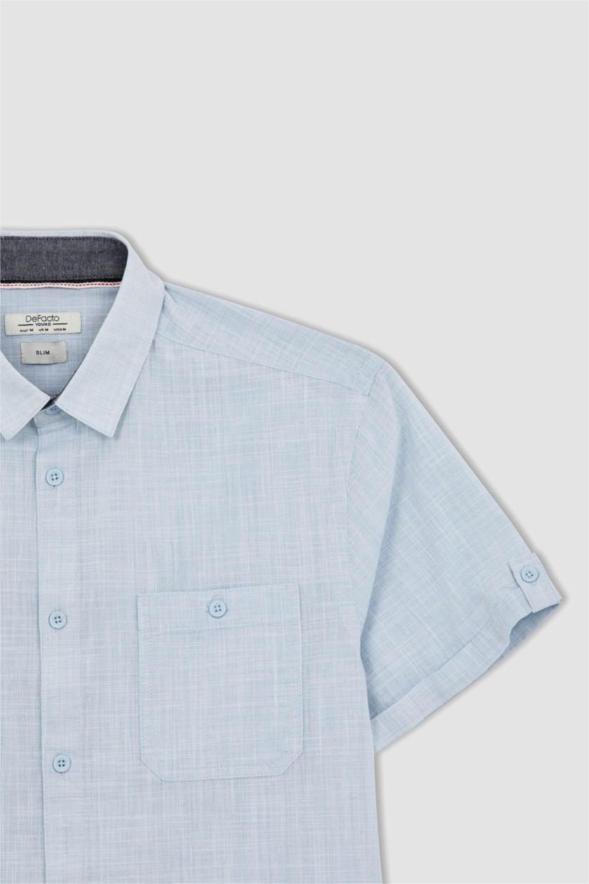 MAN Light Blue Melange Slim Fit Poplin Short Sleeve Shirt