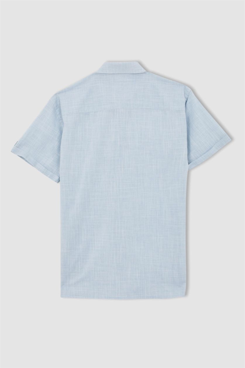MAN Light Blue Melange Slim Fit Poplin Short Sleeve Shirt