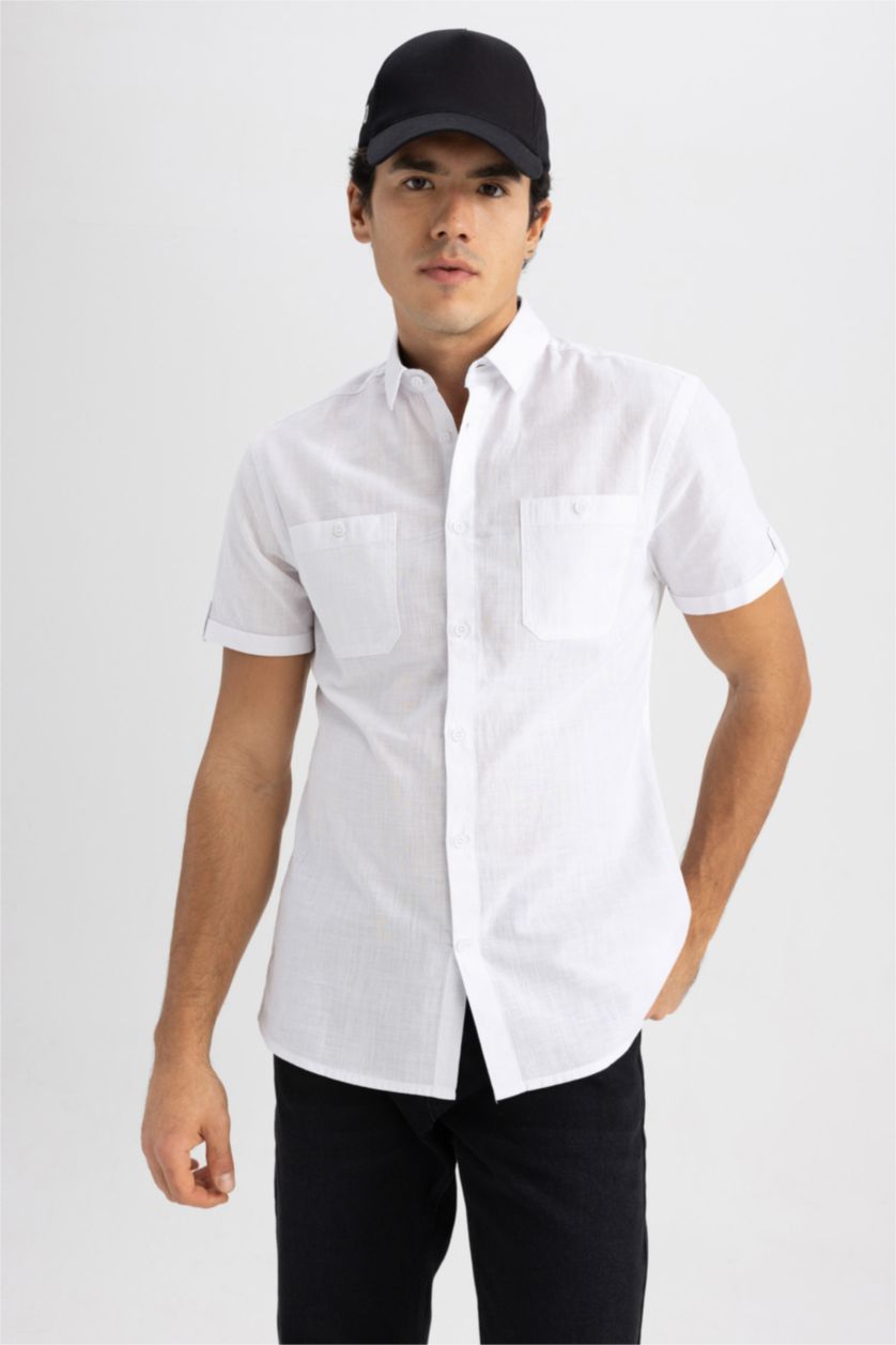 MAN White Slim Fit Polo Collar Poplin Short Sleeve Shirt