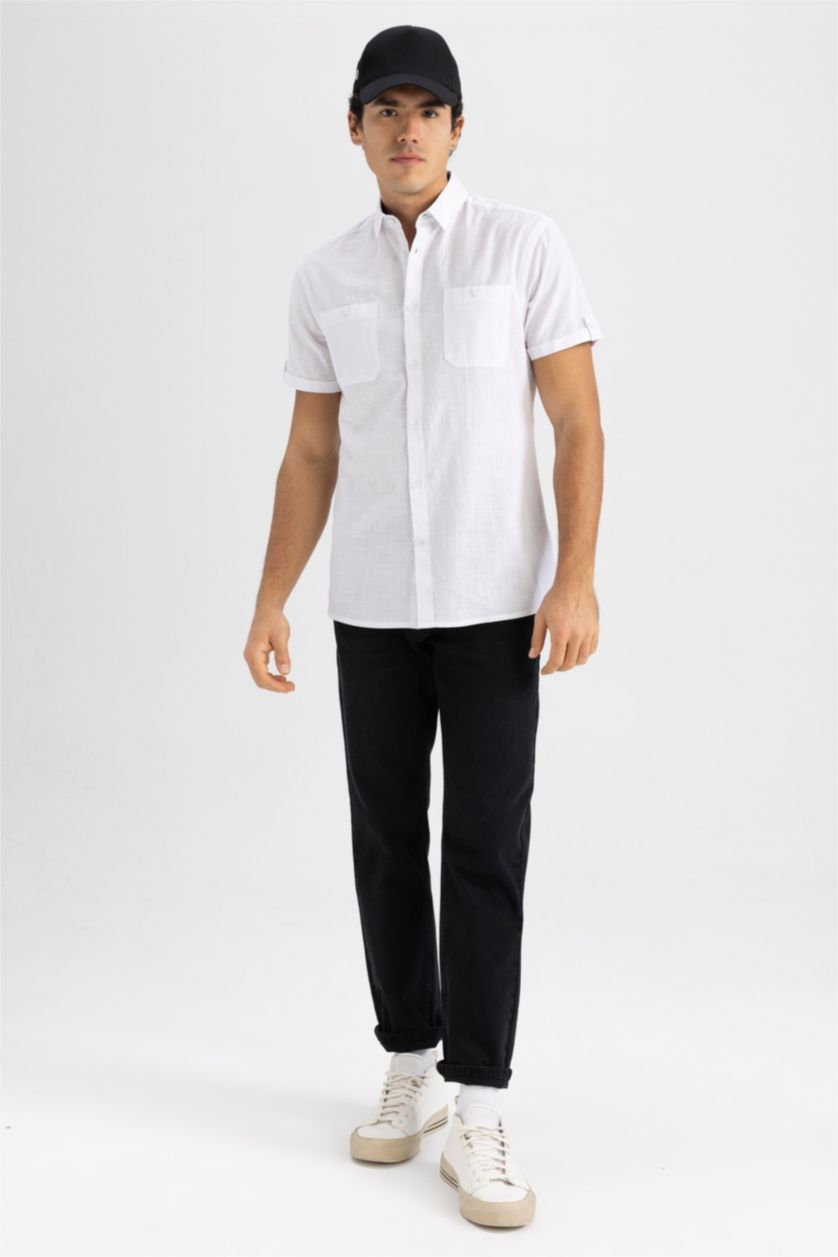 MAN White Slim Fit Polo Collar Poplin Short Sleeve Shirt