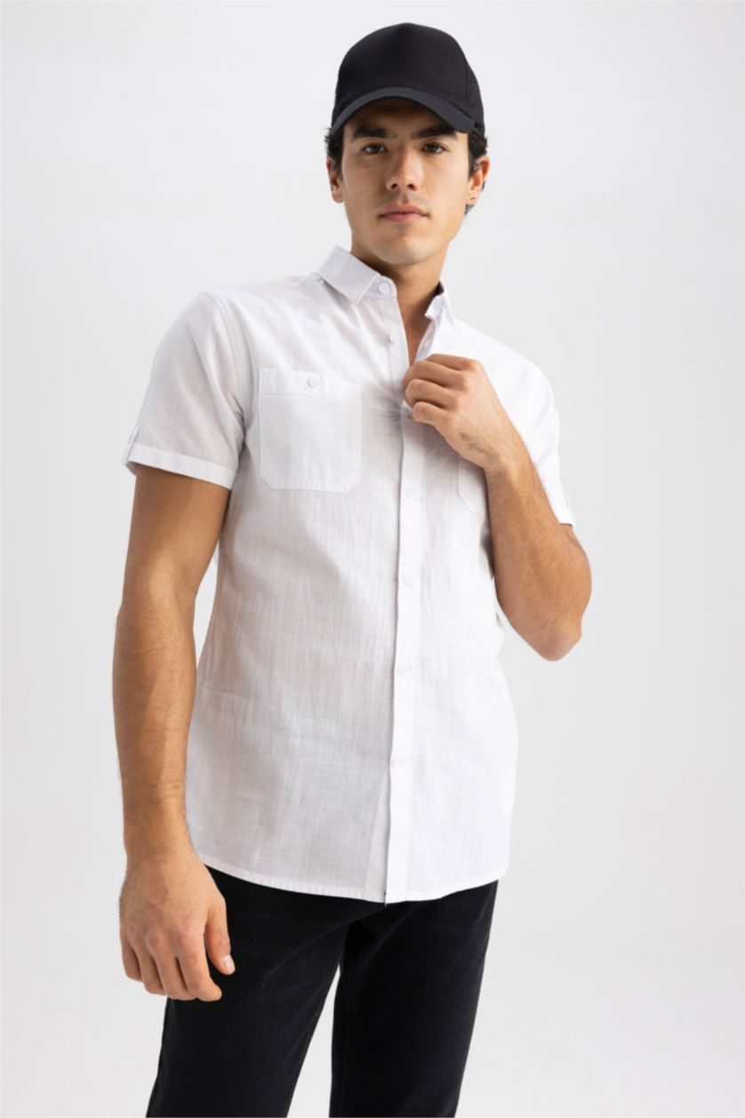 MAN White Slim Fit Polo Collar Poplin Short Sleeve Shirt