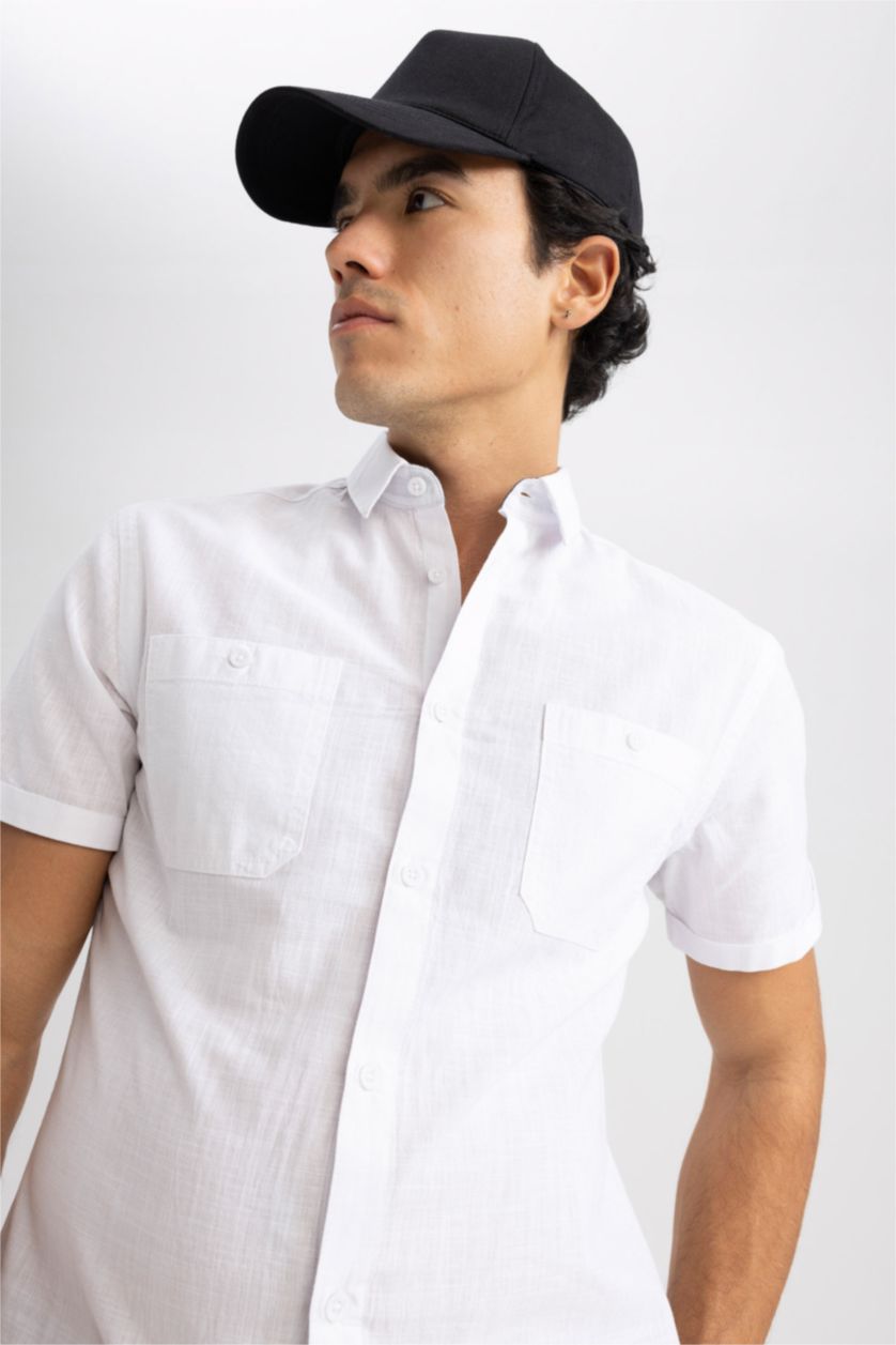 MAN White Slim Fit Polo Collar Poplin Short Sleeve Shirt