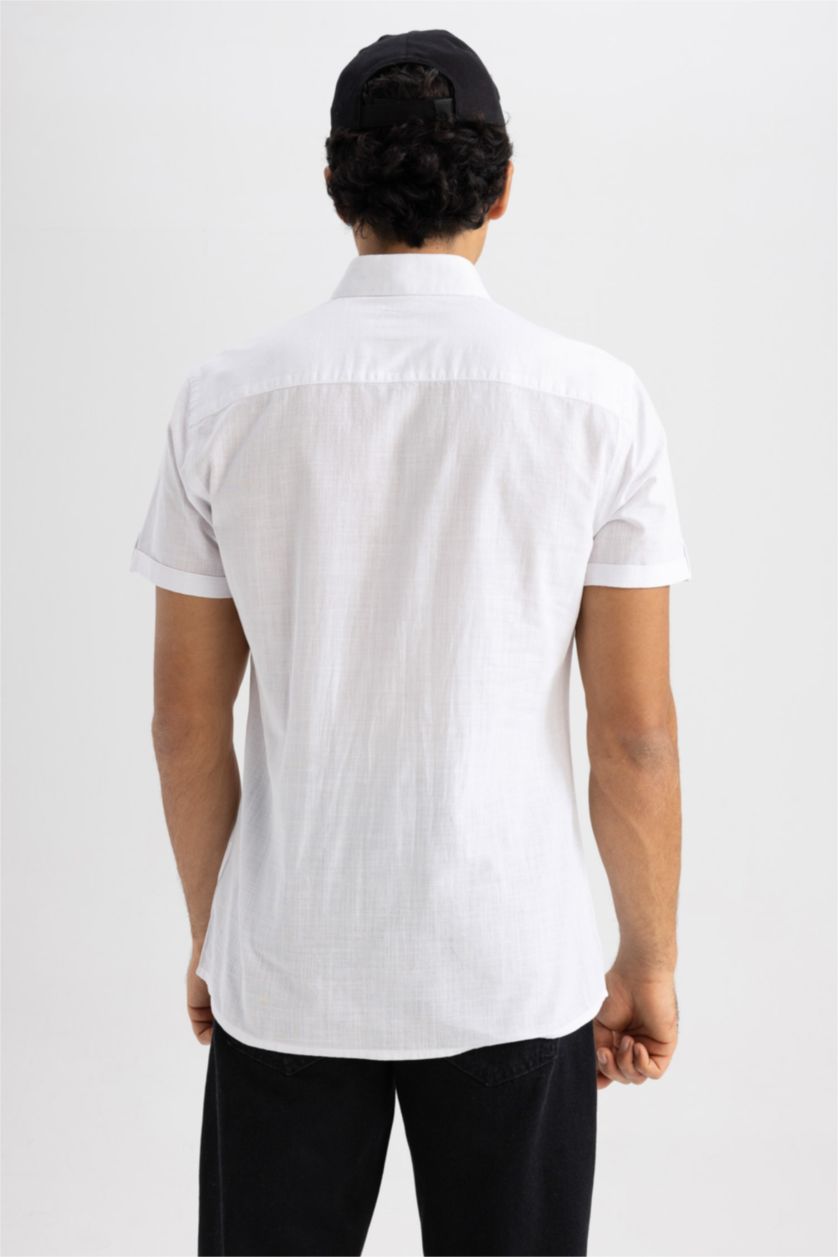 MAN White Slim Fit Polo Collar Poplin Short Sleeve Shirt