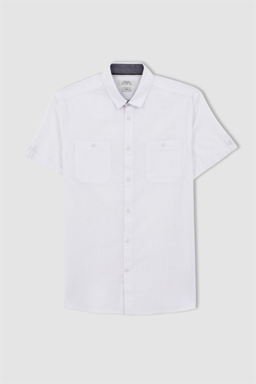 MAN White Slim Fit Polo Collar Poplin Short Sleeve Shirt