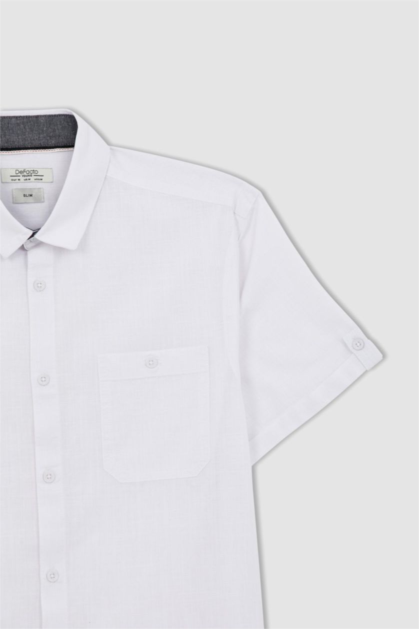 MAN White Slim Fit Polo Collar Poplin Short Sleeve Shirt