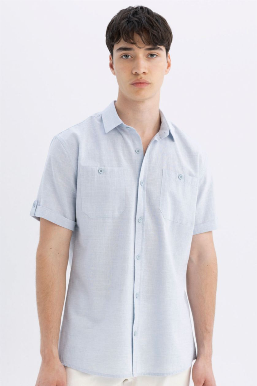 Erkek Açık Mavi Melanj Slim Fit Dar Kesim Yazlık Polo Yaka Keten Görünümlü Kısa Kollu Gömlek