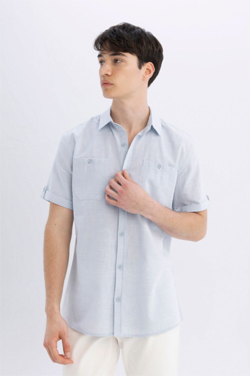 Erkek Açık Mavi Melanj Slim Fit Dar Kesim Yazlık Polo Yaka Keten Görünümlü Kısa Kollu Gömlek
