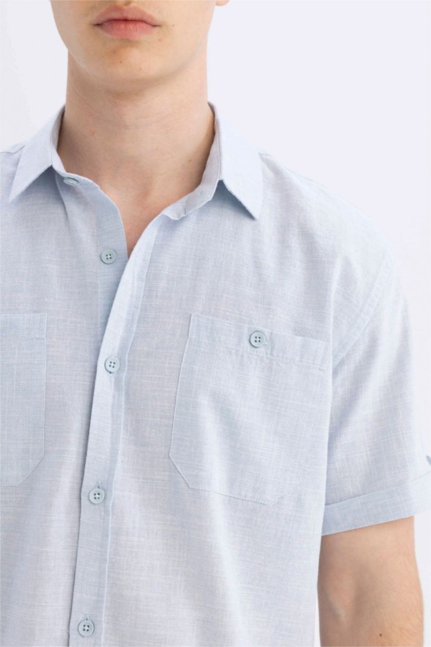 Erkek Açık Mavi Melanj Slim Fit Dar Kesim Yazlık Polo Yaka Keten Görünümlü Kısa Kollu Gömlek