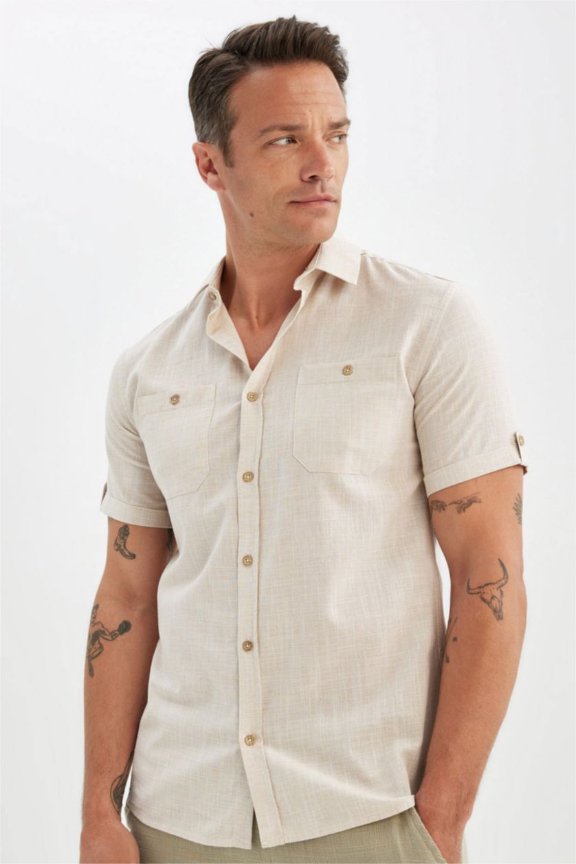 Erkek Bej Melanj Slim Fit Dar Kesim Yazlık Polo Yaka Keten Görünümlü Kısa Kollu Gömlek