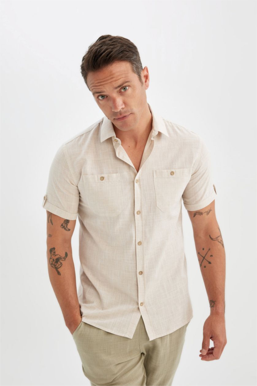Erkek Bej Melanj Slim Fit Dar Kesim Yazlık Polo Yaka Keten Görünümlü Kısa Kollu Gömlek