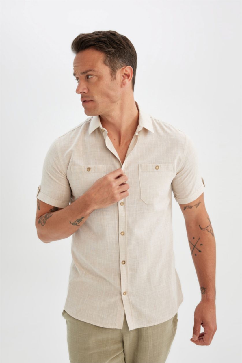 Erkek Bej Melanj Slim Fit Dar Kesim Yazlık Polo Yaka Keten Görünümlü Kısa Kollu Gömlek