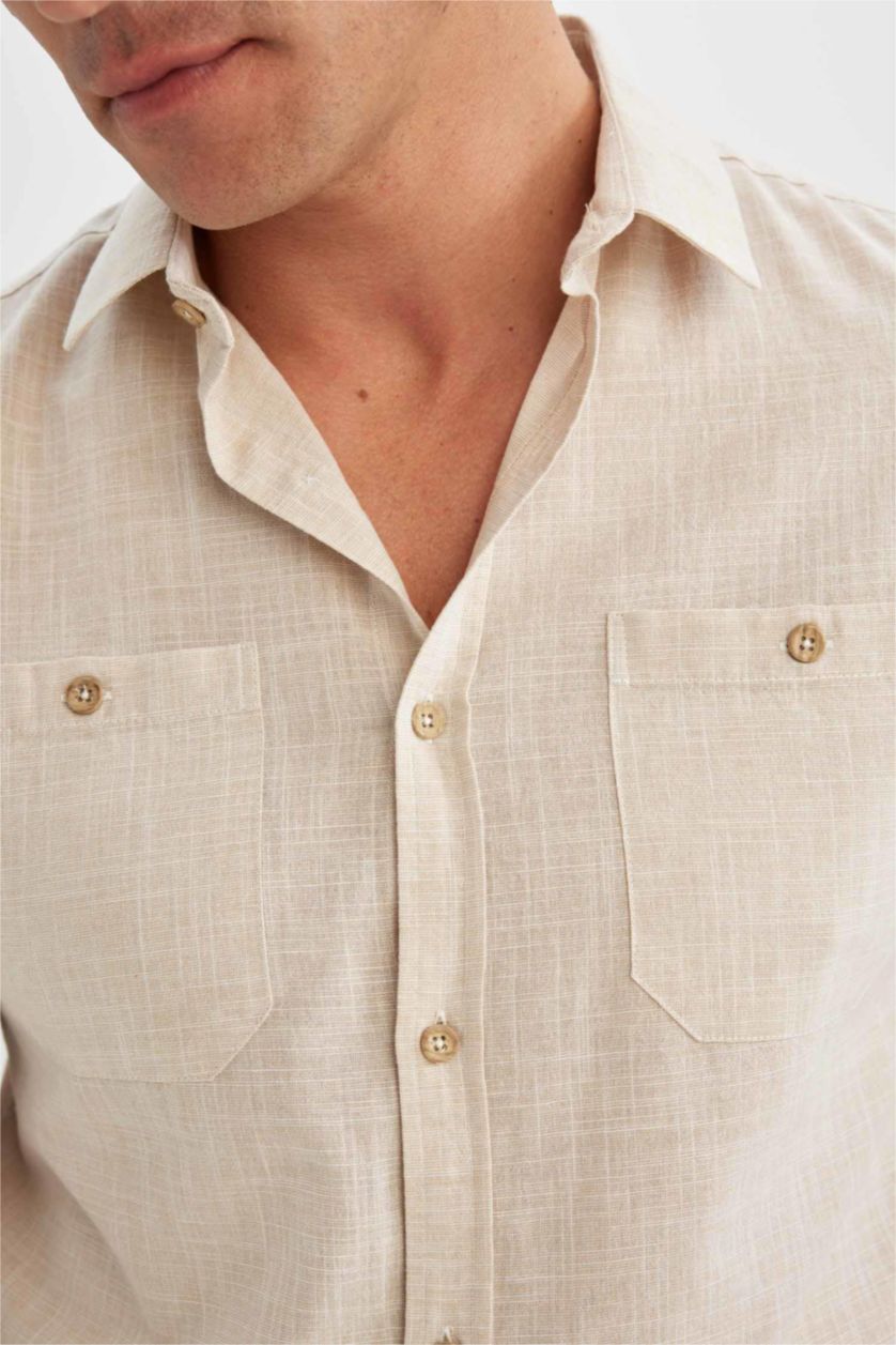 Erkek Bej Melanj Slim Fit Dar Kesim Yazlık Polo Yaka Keten Görünümlü Kısa Kollu Gömlek