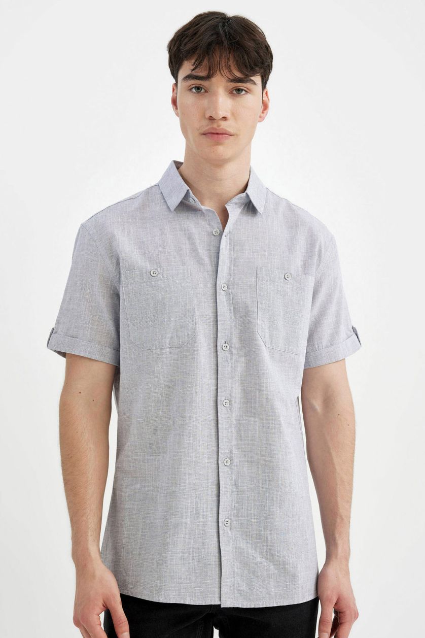 MAN Indigo Melange Slim Fit Poplin Short Sleeve Shirt