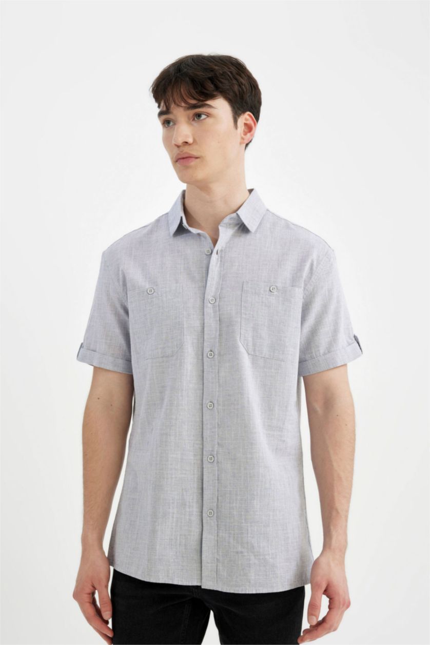 MAN Indigo Melange Slim Fit Poplin Short Sleeve Shirt