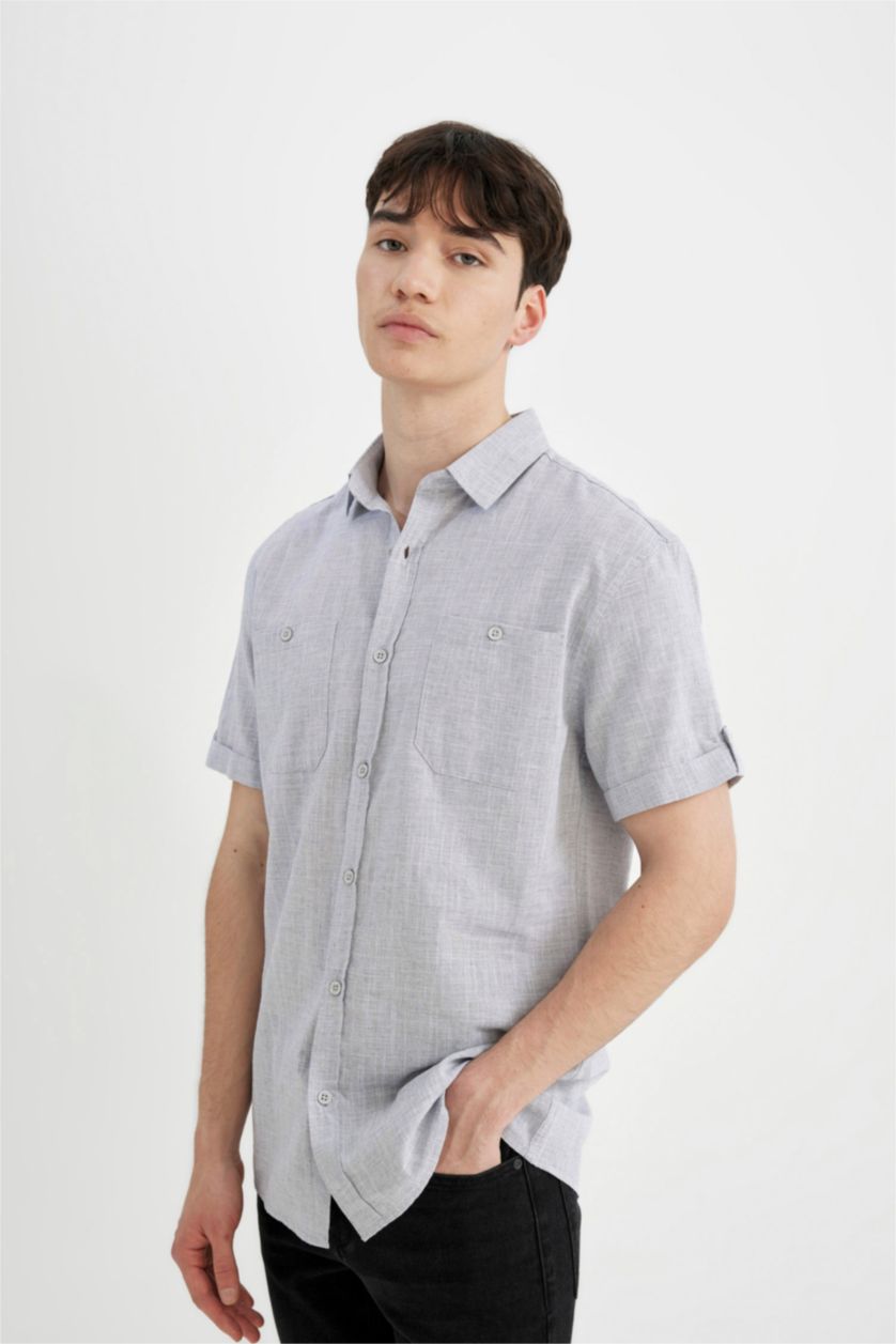 MAN Indigo Melange Slim Fit Poplin Short Sleeve Shirt