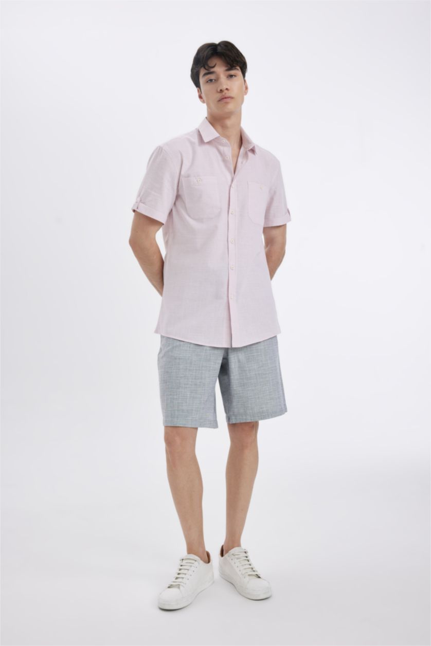Erkek Pembe Melanj %100 Pamuk Slim Fit Dar Kesim Yazlık Polo Yaka Keten Görünümlü Kısa Kollu Gömlek