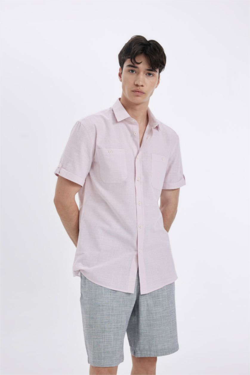 Erkek Pembe Melanj %100 Pamuk Slim Fit Dar Kesim Yazlık Polo Yaka Keten Görünümlü Kısa Kollu Gömlek