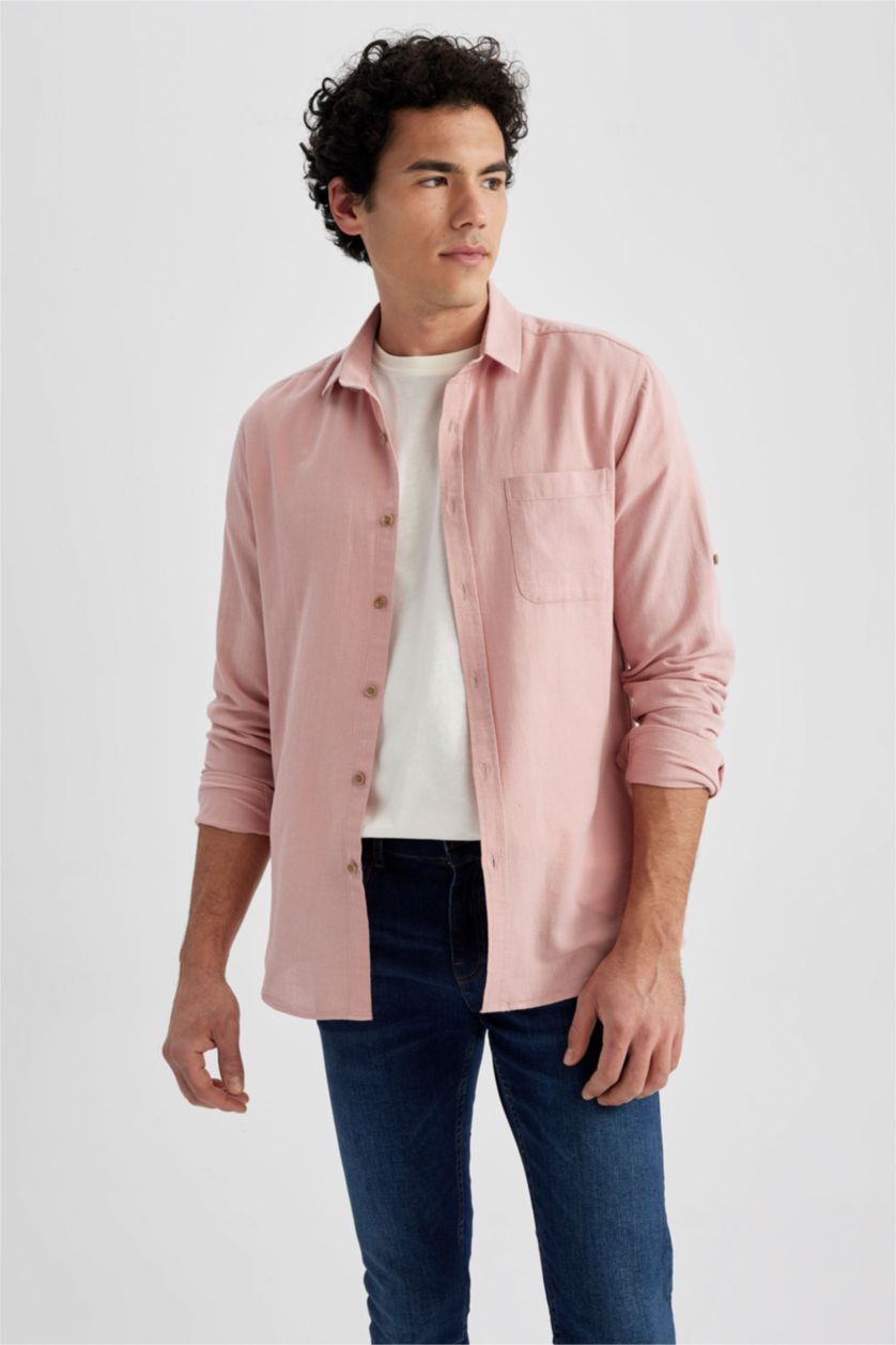 HOMME Rose Chemise basique aspect lin à manches longues Coupe slim