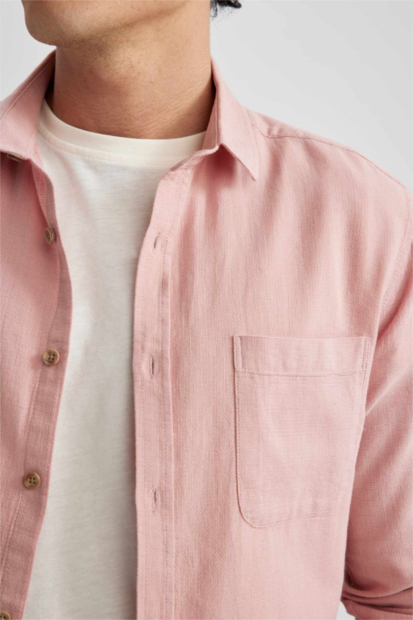 HOMME Rose Chemise basique aspect lin à manches longues Coupe slim