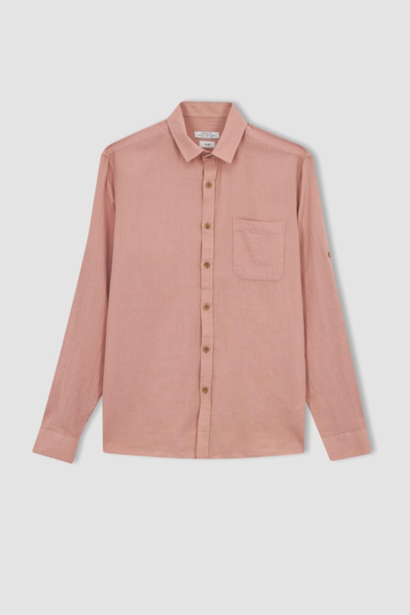 HOMME Rose Chemise basique aspect lin à manches longues Coupe slim