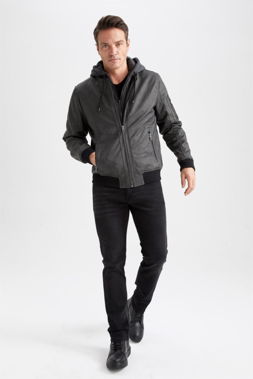 Erkek Koyu Antrasit Slim Fit Kapüşonlu Suni Deri Mont