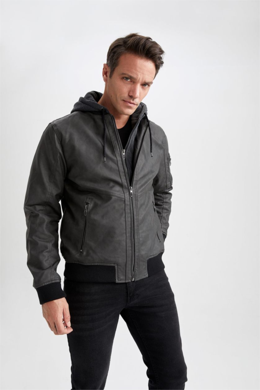 Erkek Koyu Antrasit Slim Fit Kapüşonlu Suni Deri Mont