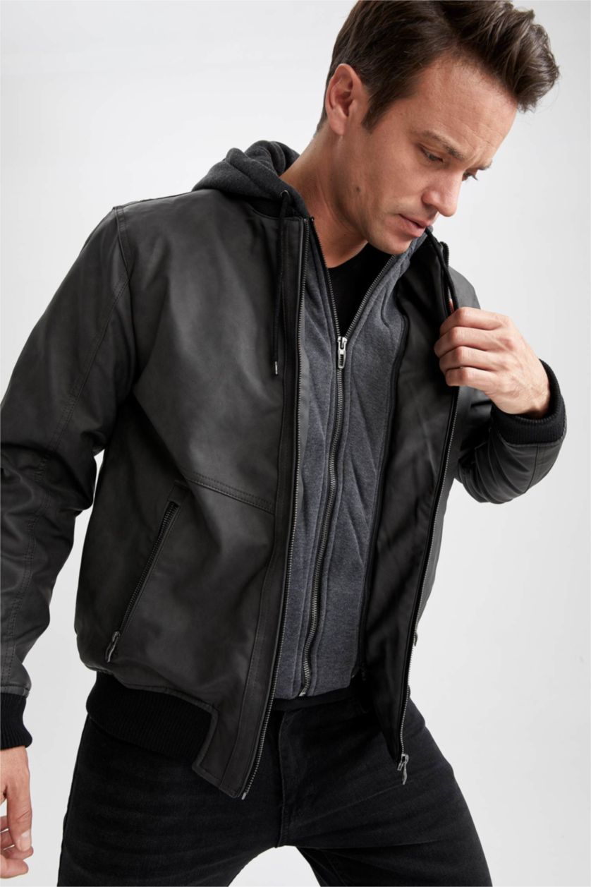 Erkek Koyu Antrasit Slim Fit Kapüşonlu Suni Deri Mont