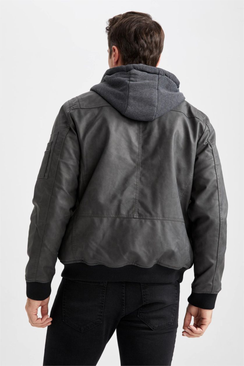 Erkek Koyu Antrasit Slim Fit Kapüşonlu Suni Deri Mont