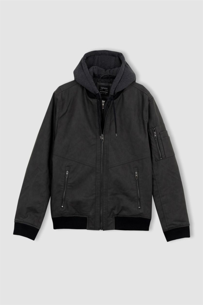 Erkek Koyu Antrasit Slim Fit Kapüşonlu Suni Deri Mont