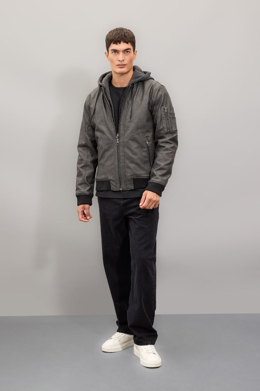 MAN Anthracite Water Repellent Zipper Faux Leather Jacket