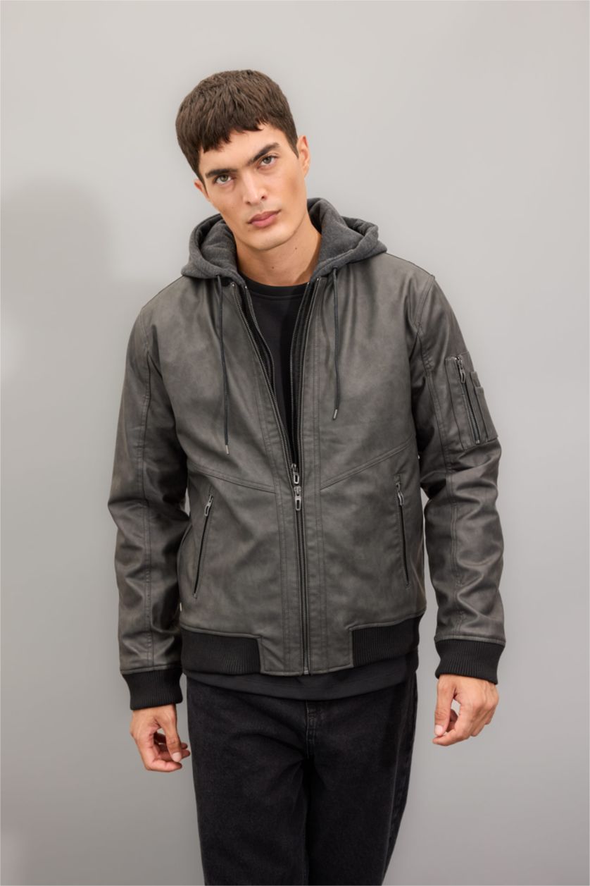 MAN Anthracite Water Repellent Zipper Faux Leather Jacket