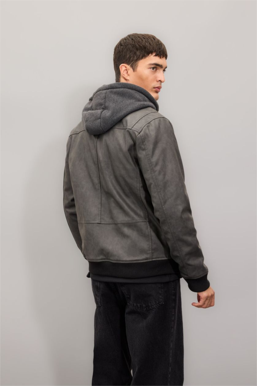 MAN Anthracite Water Repellent Zipper Faux Leather Jacket