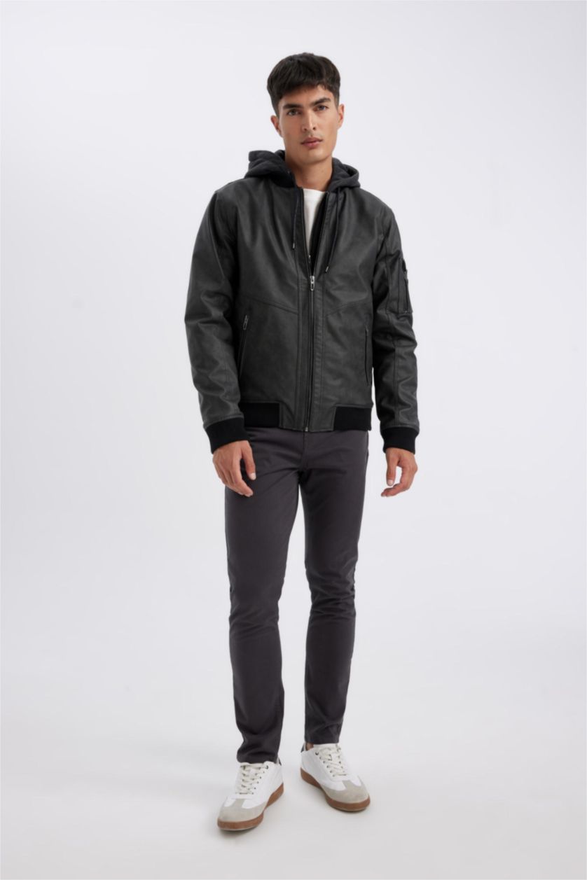 MAN Anthracite Water Repellent Zipper Faux Leather Jacket