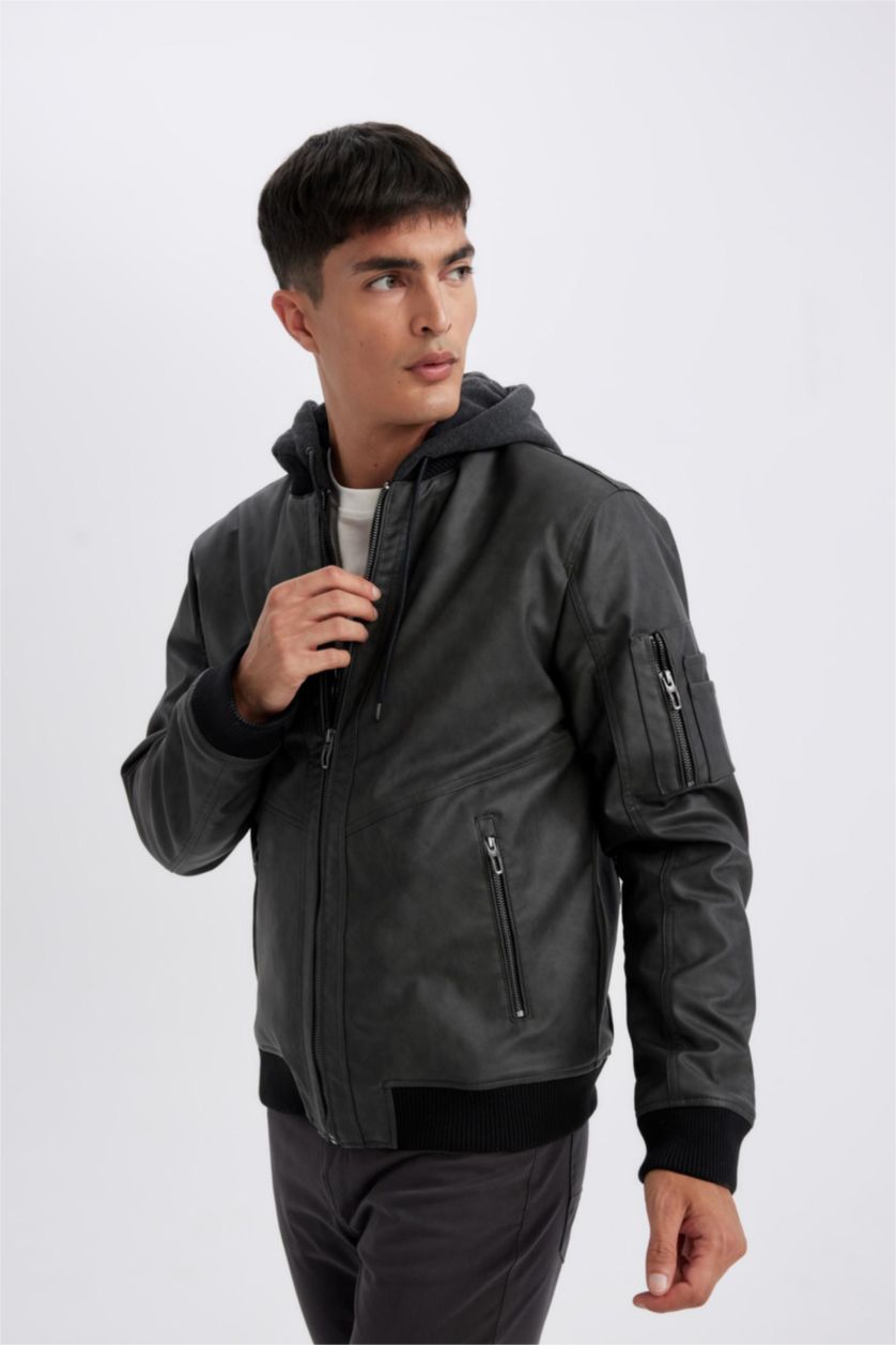 MAN Anthracite Water Repellent Zipper Faux Leather Jacket