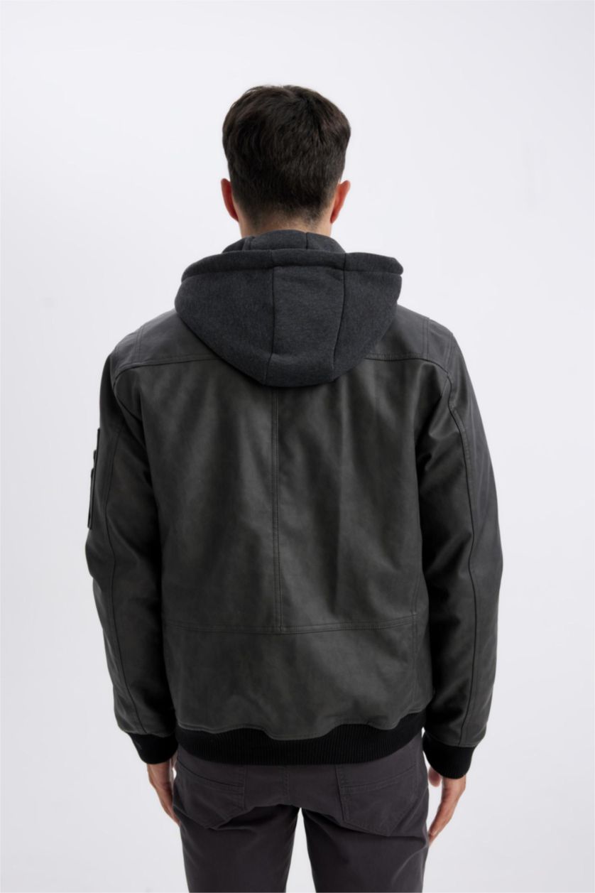 MAN Anthracite Water Repellent Zipper Faux Leather Jacket