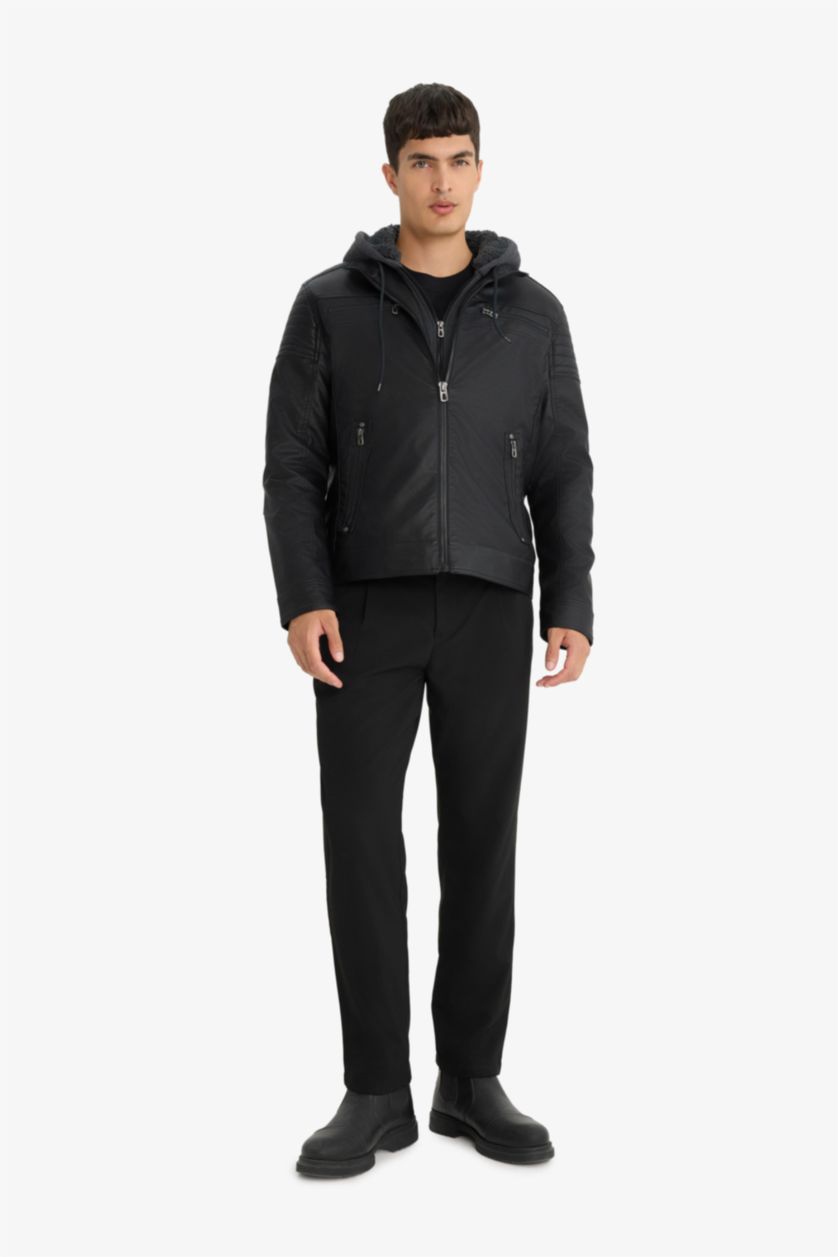 Erkek Siyah Su İtici Slim Fit Dar Kesim Çıkarılabilir Kapüşonlu Pelüş Astarlı Fermuarlı Suni Deri Ceket Mont