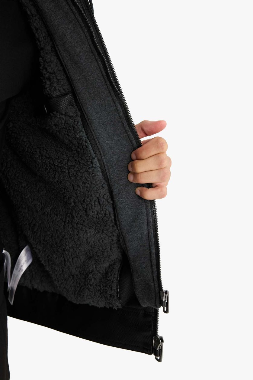 Erkek Siyah Su İtici Slim Fit Dar Kesim Çıkarılabilir Kapüşonlu Pelüş Astarlı Fermuarlı Suni Deri Ceket Mont