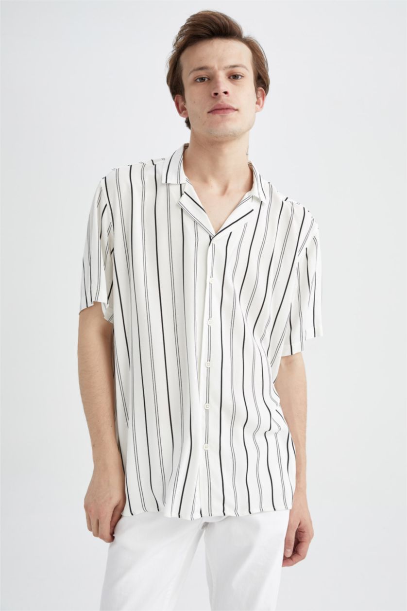 MAN Ecru Regular Fit Short Sleeve Striped Viscose Shirt