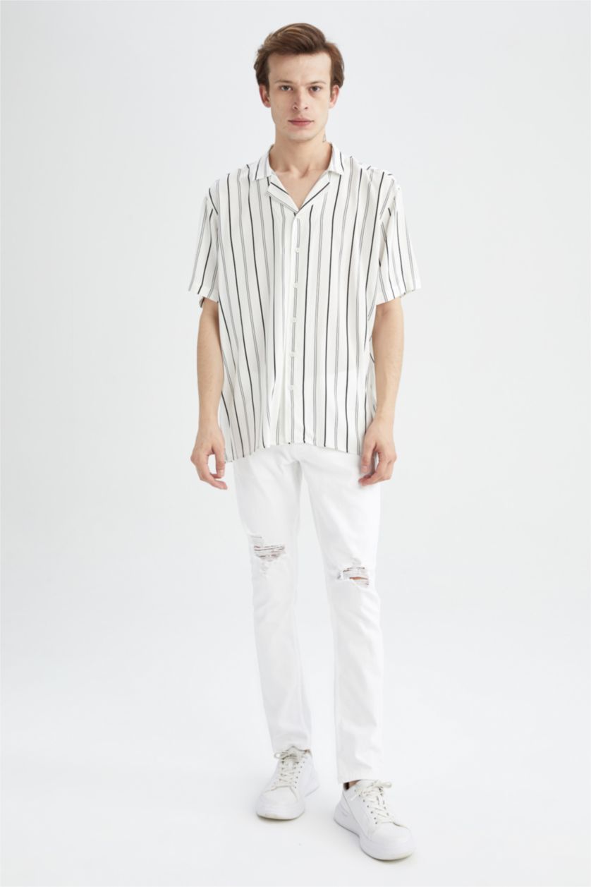MAN Ecru Regular Fit Short Sleeve Striped Viscose Shirt