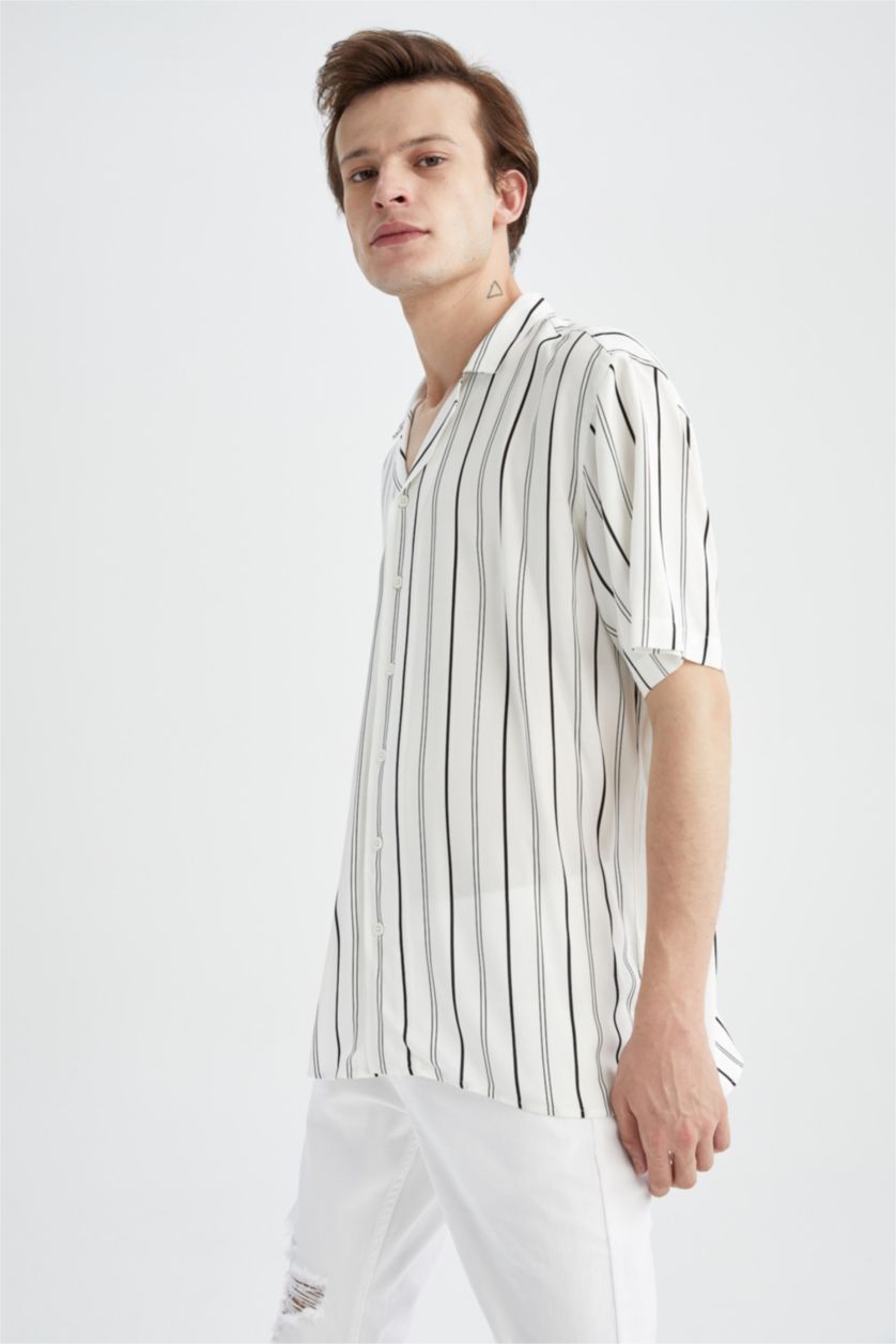 MAN Ecru Regular Fit Short Sleeve Striped Viscose Shirt
