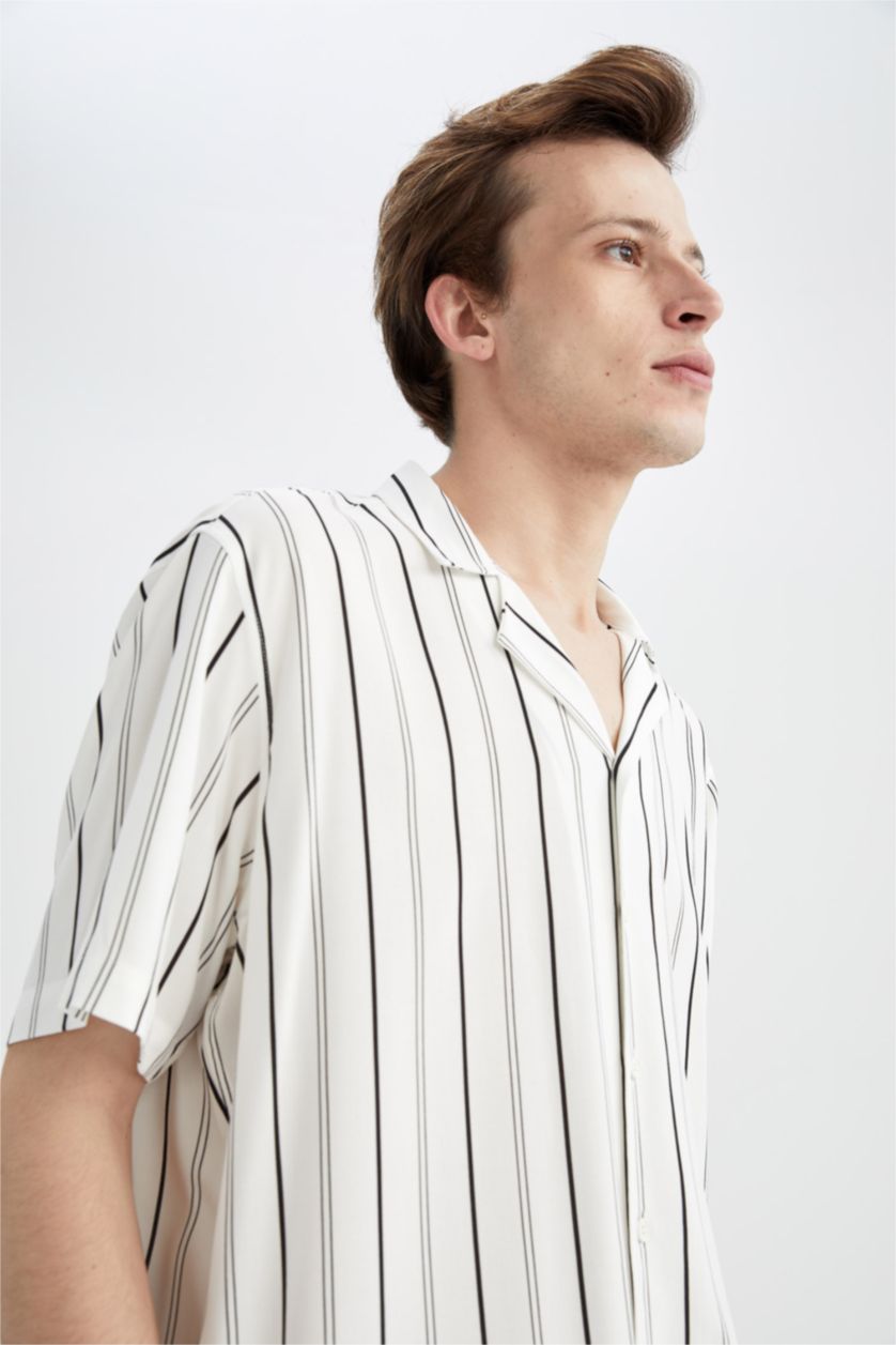 MAN Ecru Regular Fit Short Sleeve Striped Viscose Shirt
