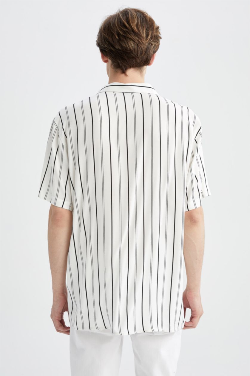 MAN Ecru Regular Fit Short Sleeve Striped Viscose Shirt