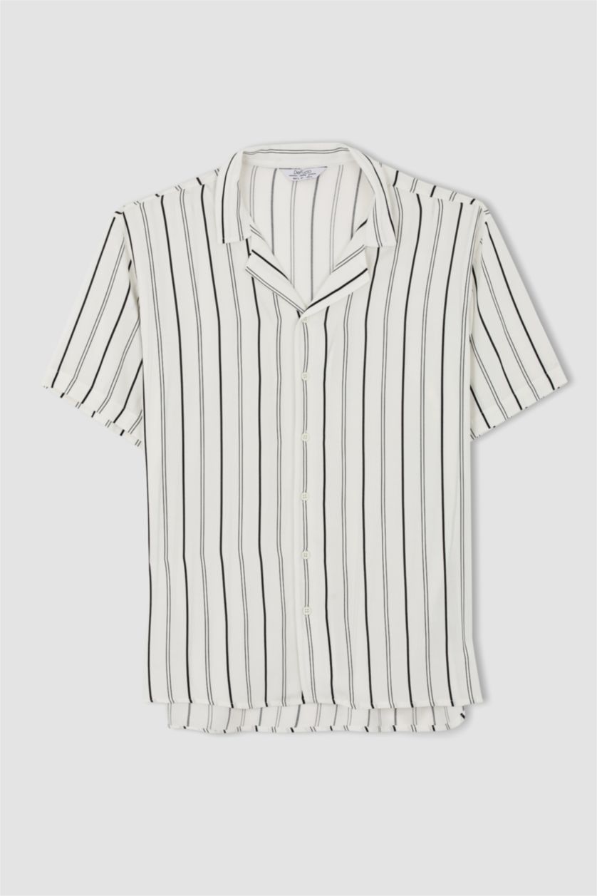 MAN Ecru Regular Fit Short Sleeve Striped Viscose Shirt