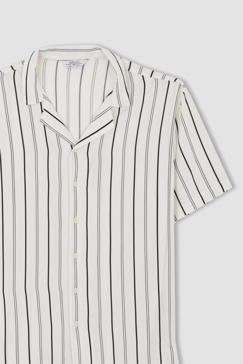MAN Ecru Regular Fit Short Sleeve Striped Viscose Shirt