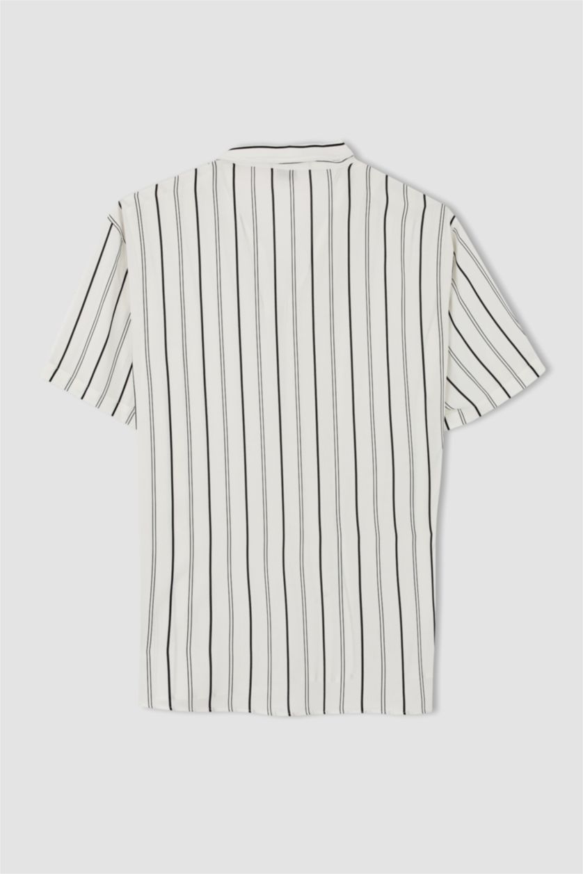 MAN Ecru Regular Fit Short Sleeve Striped Viscose Shirt